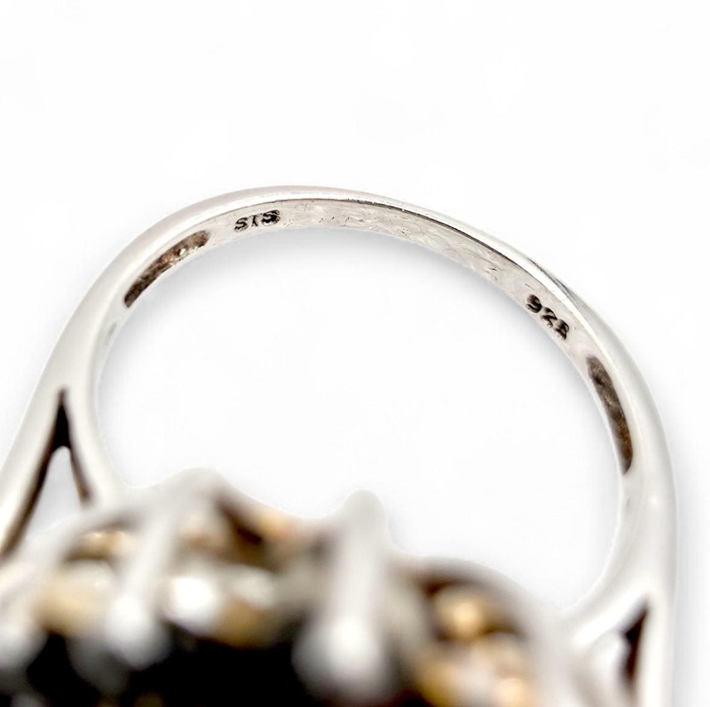 Vintage 925 Silber Mondstein Schwarzer Spinell Halo-Ring EU 54 (US 6,75) 5,57 g