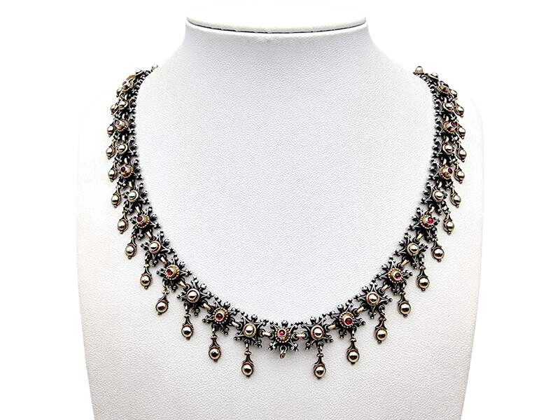 Vintage-Silberkette mit roten Cabochons, ornamentalem Ethno-Design, 49 g