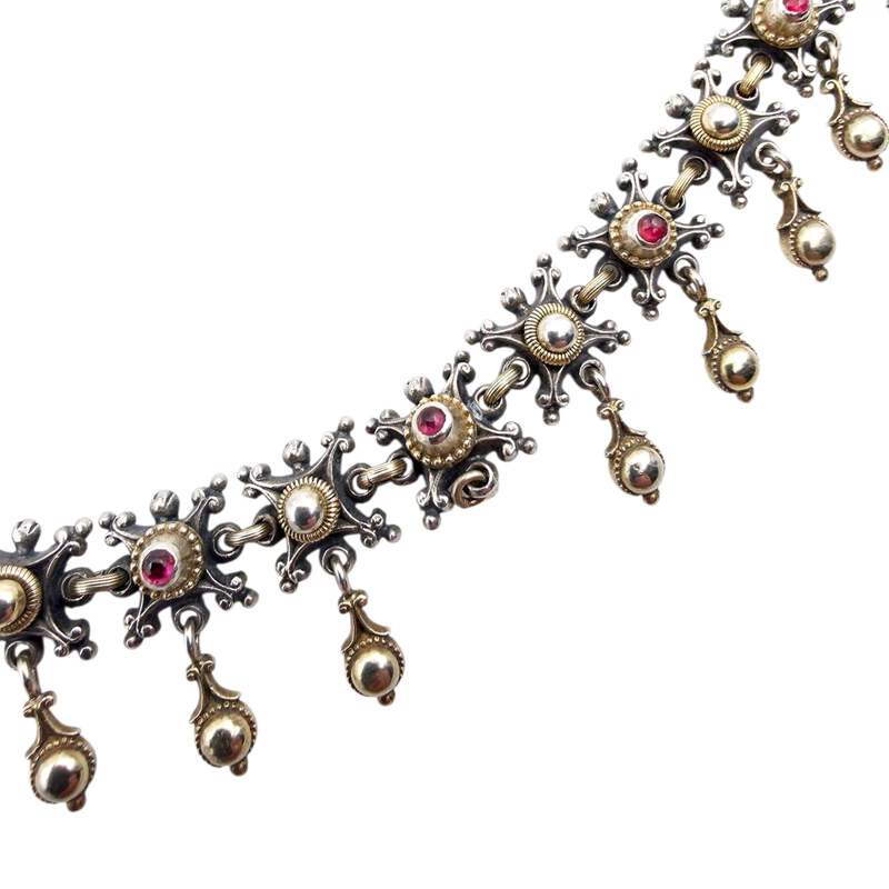 Vintage-Silberkette mit roten Cabochons, ornamentalem Ethno-Design, 49 g