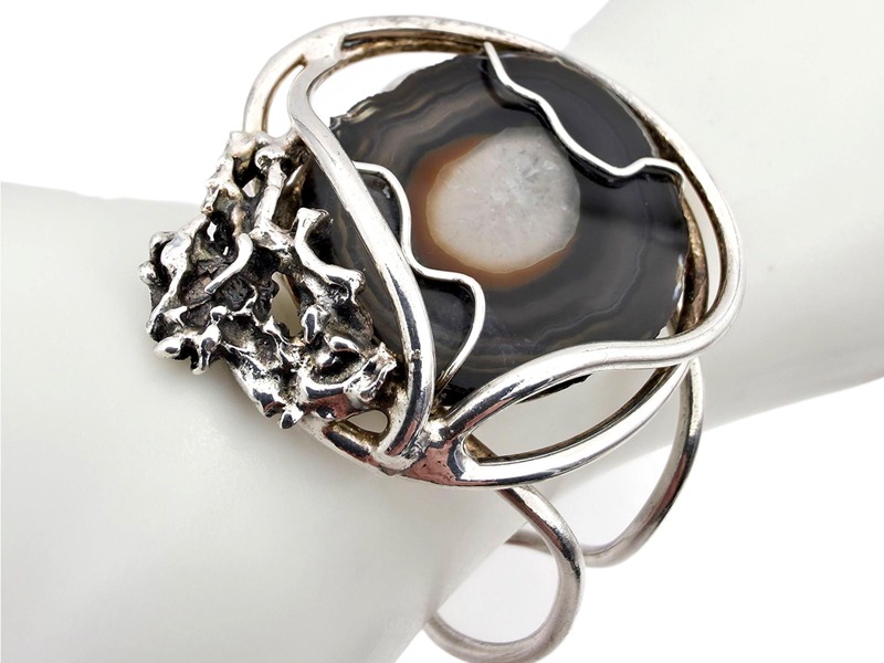 Vintage Silber Brutalist Armband mit großer Achat-Druse, 70er, 45,72g