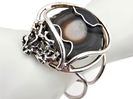 Vintage Silber Brutalist Armband mit großer Achat-Druse, 70er, 45,72g