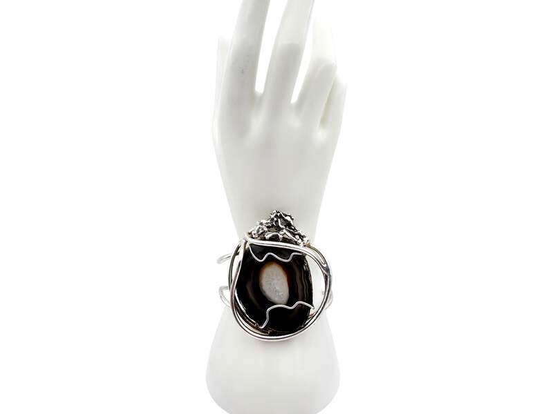 Vintage Silber Brutalist Armband mit großer Achat-Druse, 70er, 45,72g