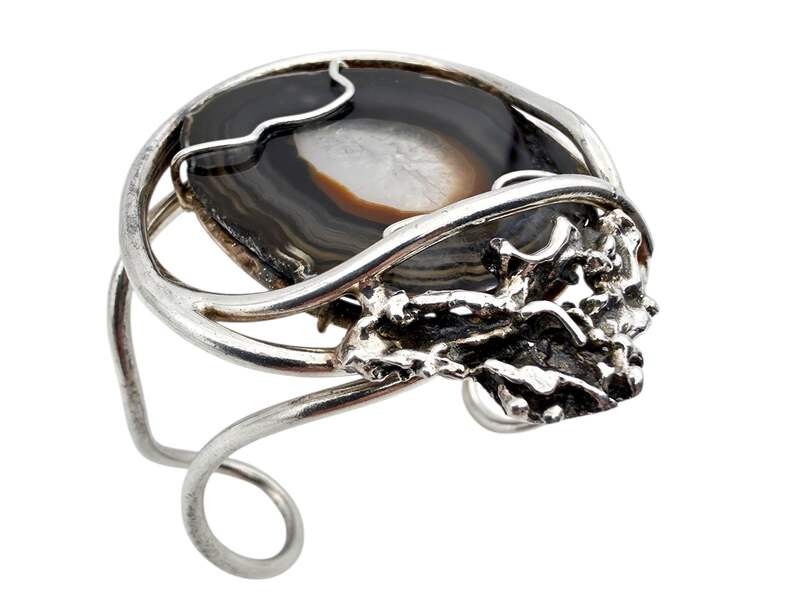 Vintage Silber Brutalist Armband mit großer Achat-Druse, 70er, 45,72g