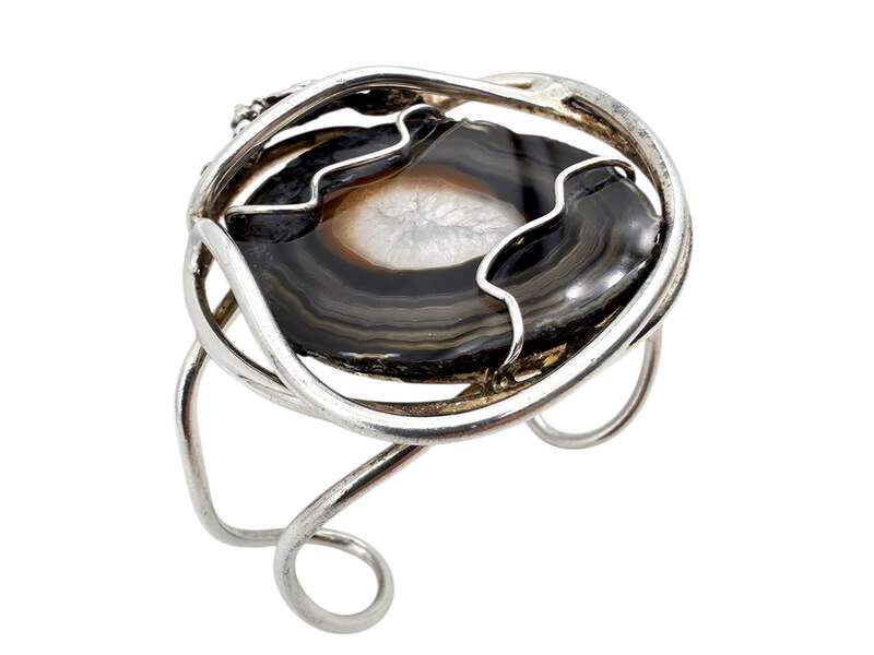 Vintage Silber Brutalist Armband mit großer Achat-Druse, 70er, 45,72g