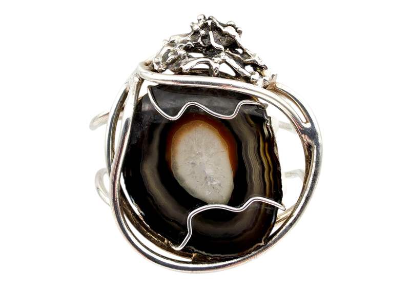 Vintage Silber Brutalist Armband mit großer Achat-Druse, 70er, 45,72g
