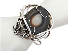 Vintage Silber Brutalist Armband mit großer Achat-Druse, 70er, 45,72g