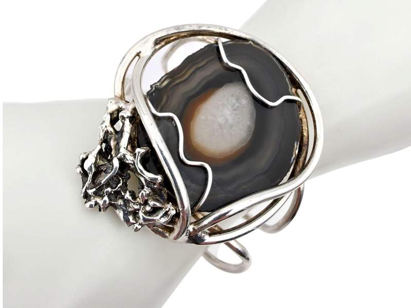 Vintage Silber Brutalist Armband mit großer Achat-Druse, 70er, 45,72g