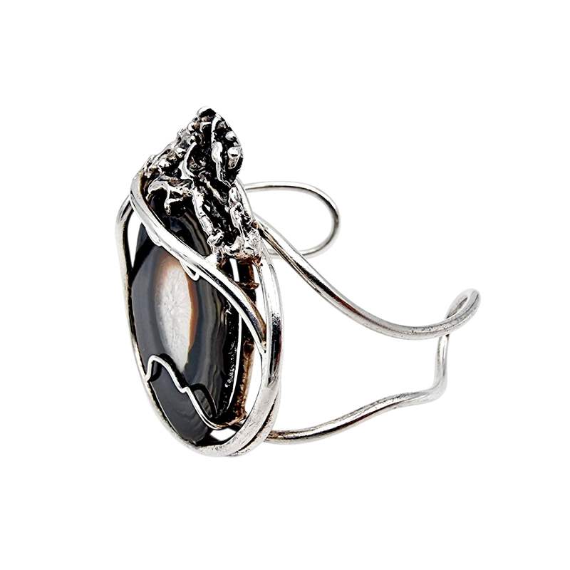 Vintage Silber Brutalist Armband mit großer Achat-Druse, 70er, 45,72g