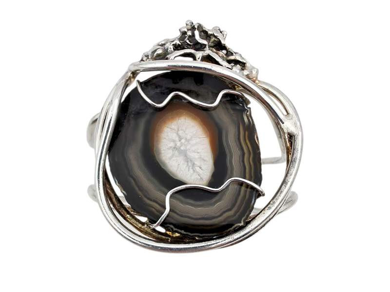 Vintage Silber Brutalist Armband mit großer Achat-Druse, 70er, 45,72g
