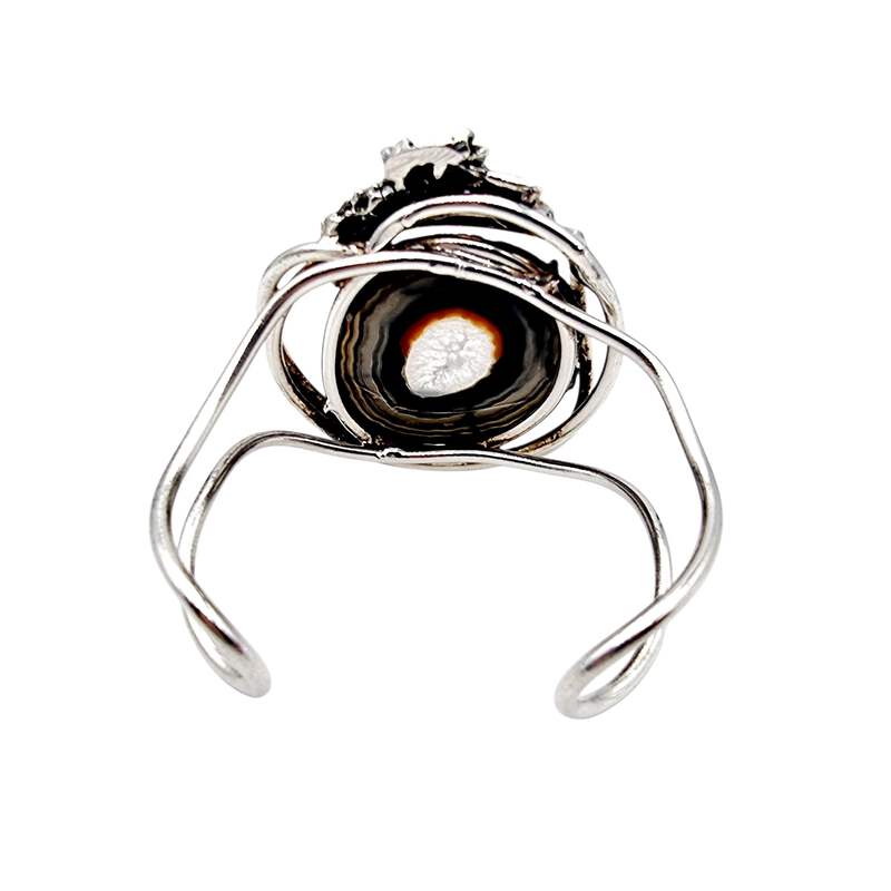 Vintage Silber Brutalist Armband mit großer Achat-Druse, 70er, 45,72g