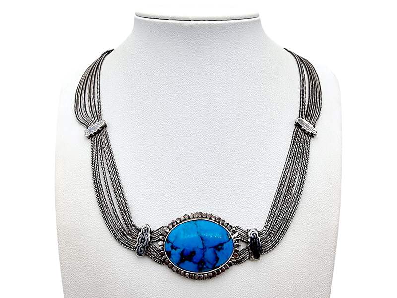 Vintage 900 Silber Mehrreihige Halskette mit großem ovalem Türkis-Cabochon – Mid