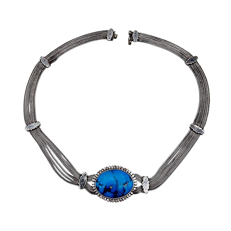Vintage 900 Silber Mehrreihige Halskette mit großem ovalem Türkis-Cabochon – Mid