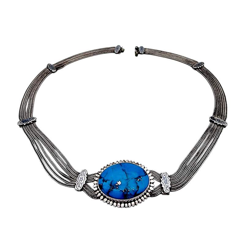 Vintage 900 Silber Mehrreihige Halskette mit großem ovalem Türkis-Cabochon – Mid