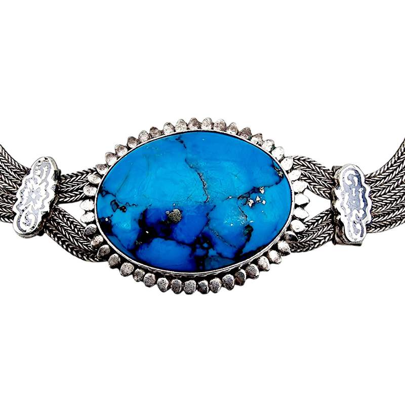 Vintage 900 Silber Mehrreihige Halskette mit großem ovalem Türkis-Cabochon – Mid