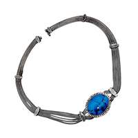 Vintage 900 Silber Mehrreihige Halskette mit großem ovalem Türkis-Cabochon – Mid