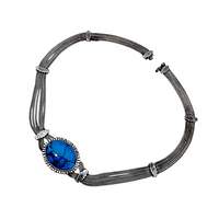 Vintage 900 Silber Mehrreihige Halskette mit großem ovalem Türkis-Cabochon – Mid