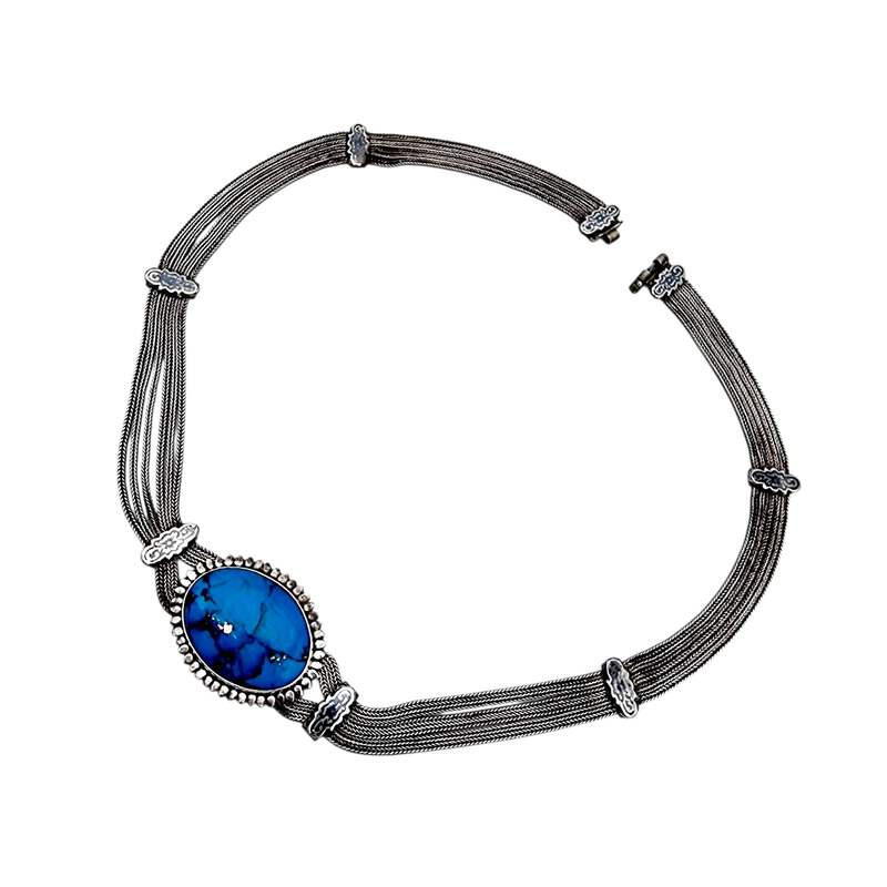 Vintage 900 Silber Mehrreihige Halskette mit großem ovalem Türkis-Cabochon – Mid
