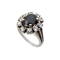 Vintage-Silber-Cluster-Ring mit ovalem Saphir & weißen Steinen – EU 62 (US 10)