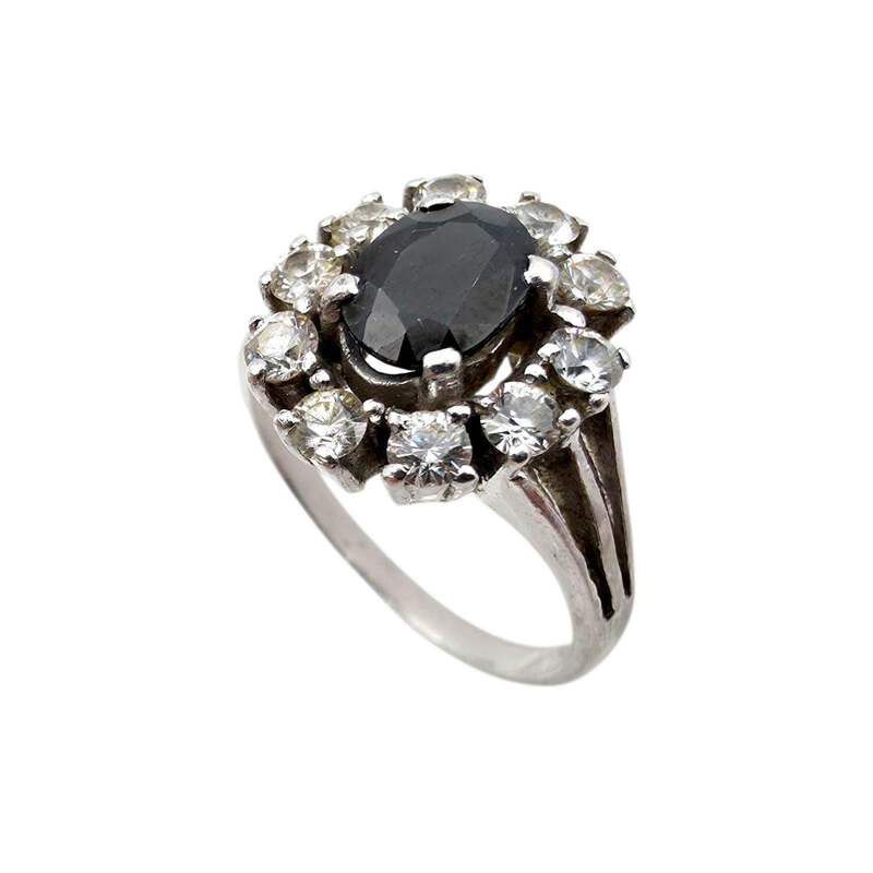 Vintage-Silber-Cluster-Ring mit ovalem Saphir & weißen Steinen – EU 62 (US 10)