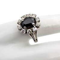 Vintage-Silber-Cluster-Ring mit ovalem Saphir & weißen Steinen – EU 62 (US 10)