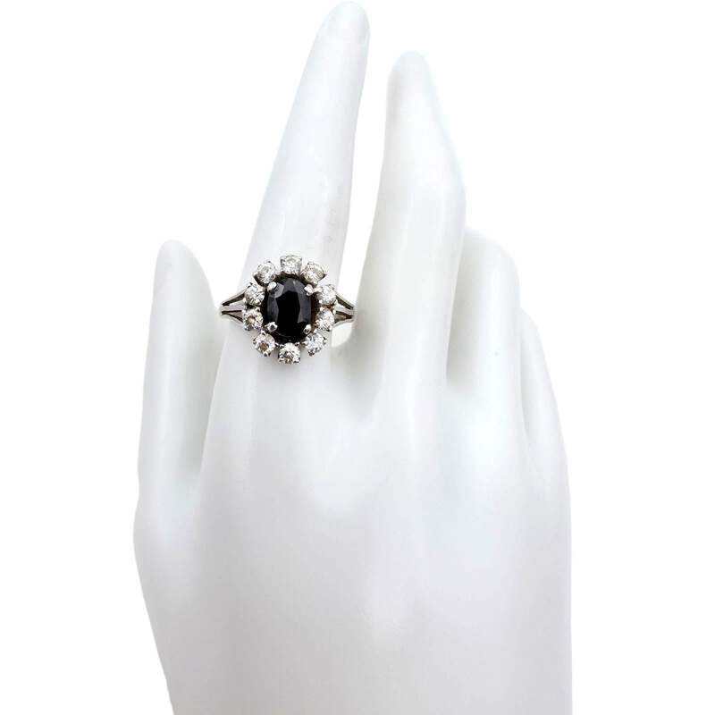Vintage-Silber-Cluster-Ring mit ovalem Saphir & weißen Steinen – EU 62 (US 10)
