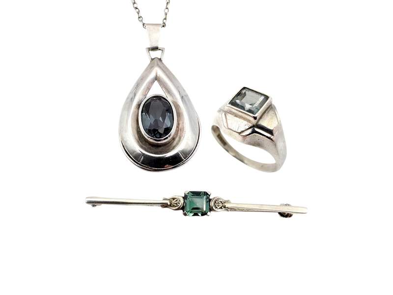 Vintage 835 Silber-Schmuckset – Anhänger, Ring (EU 53,5/US 6,5) & Brosche mit gr