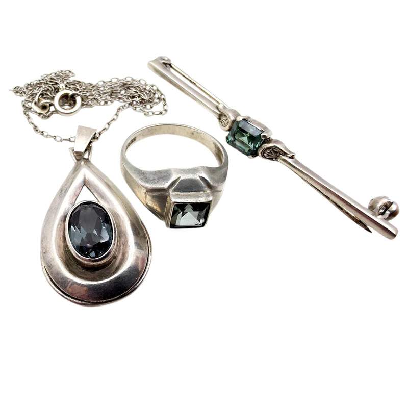 Vintage 835 Silber-Schmuckset – Anhänger, Ring (EU 53,5/US 6,5) & Brosche mit gr
