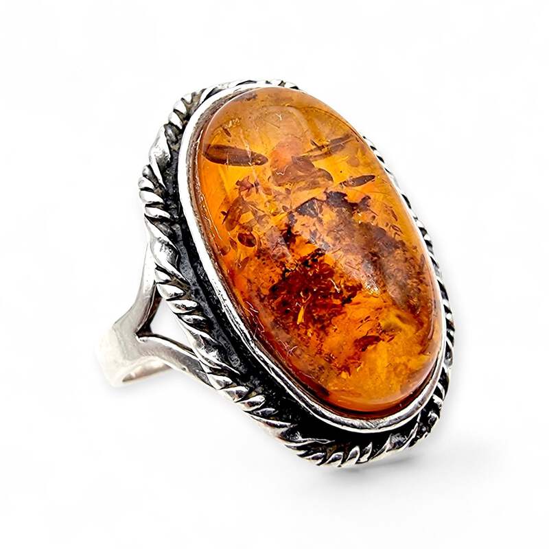 Vintage Silber Bernsteinring 925 – natürlicher ovaler Cabochon – Retro Boho 70er