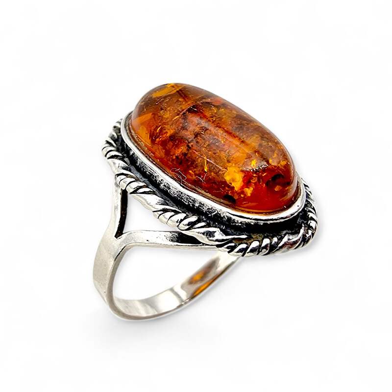 Vintage Silber Bernsteinring 925 – natürlicher ovaler Cabochon – Retro Boho 70er