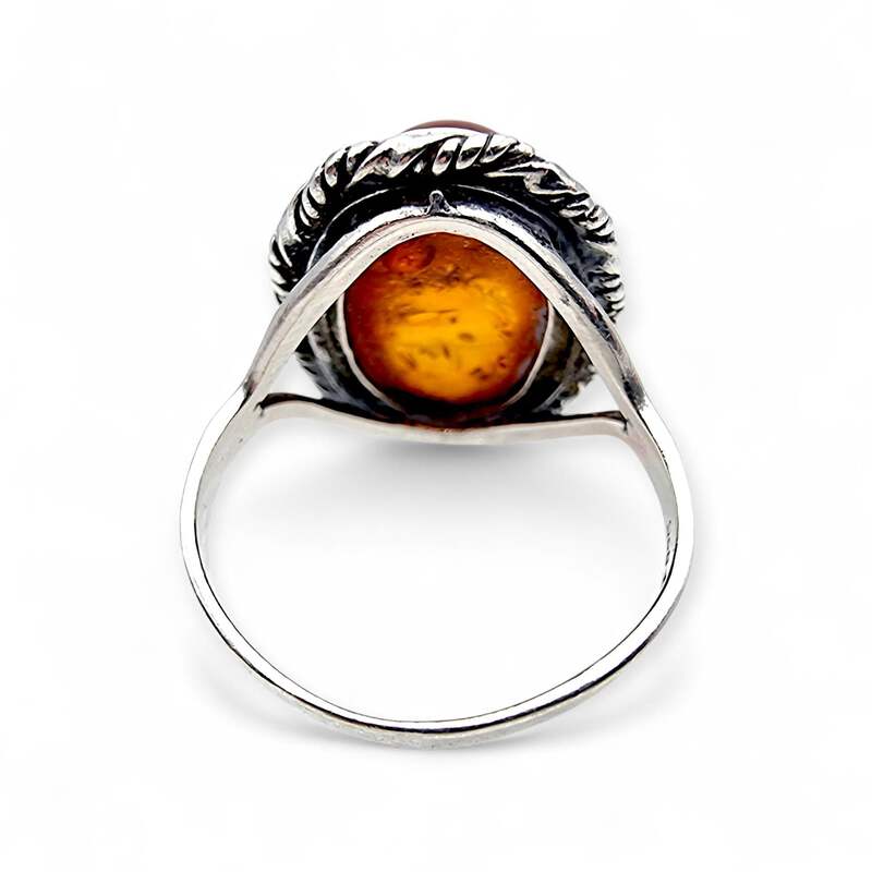Vintage Silber Bernsteinring 925 – natürlicher ovaler Cabochon – Retro Boho 70er