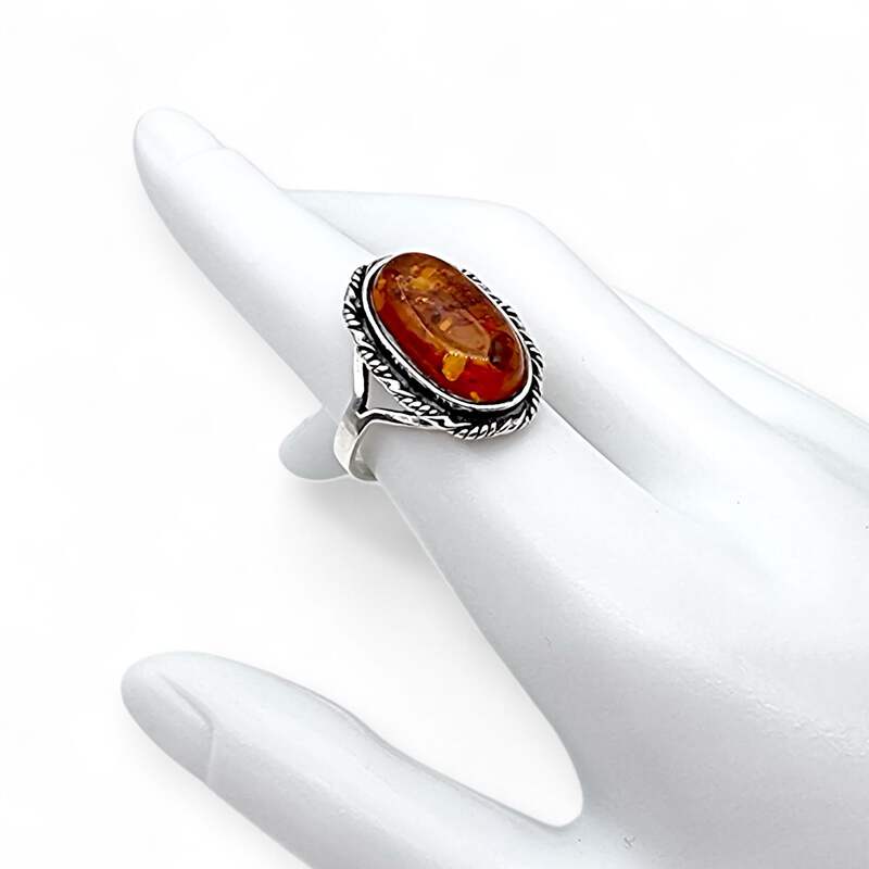 Vintage Silber Bernsteinring 925 – natürlicher ovaler Cabochon – Retro Boho 70er