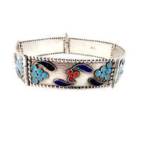 Vintage 925er Sterlingsilber Emaille Blumenarmband, handgefertigt, 17 cm