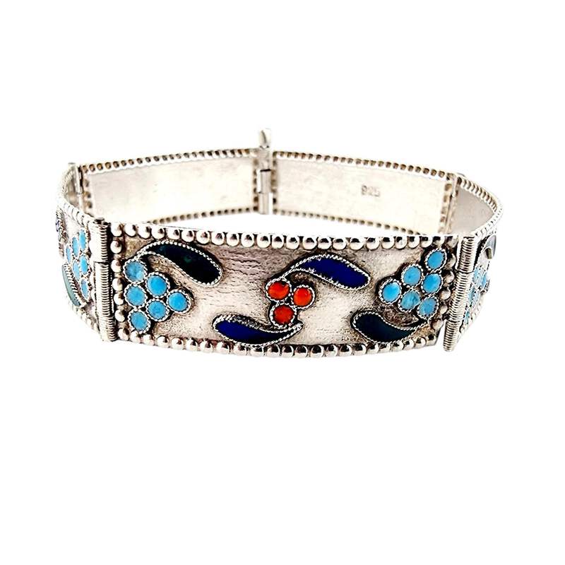 Vintage 925er Sterlingsilber Emaille Blumenarmband, handgefertigt, 17 cm