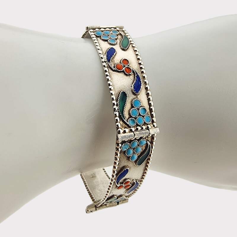 Vintage 925er Sterlingsilber Emaille Blumenarmband, handgefertigt, 17 cm