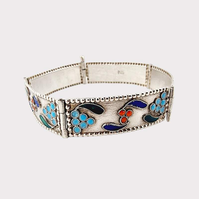 Vintage 925er Sterlingsilber Emaille Blumenarmband, handgefertigt, 17 cm