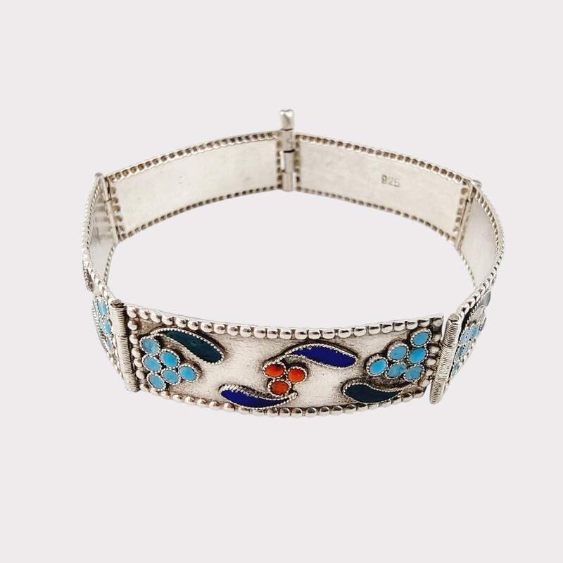 Vintage 925er Sterlingsilber Emaille Blumenarmband, handgefertigt, 17 cm