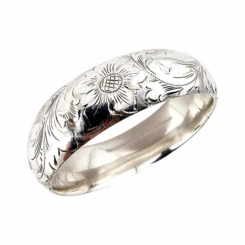 Vintage-graviertes Silberarmband mit Blumenmotiv, handgefertigt, 18 cm