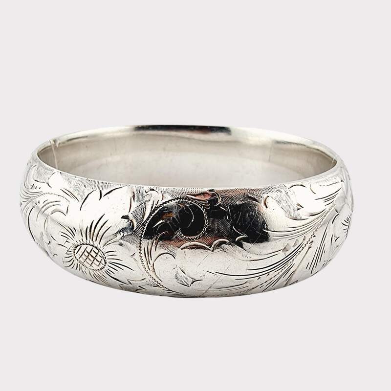 Vintage-graviertes Silberarmband mit Blumenmotiv, handgefertigt, 18 cm
