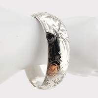 Vintage-graviertes Silberarmband mit Blumenmotiv, handgefertigt, 18 cm