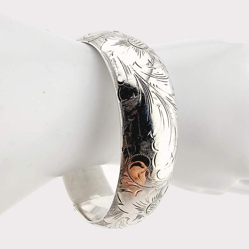 Vintage-graviertes Silberarmband mit Blumenmotiv, handgefertigt, 18 cm