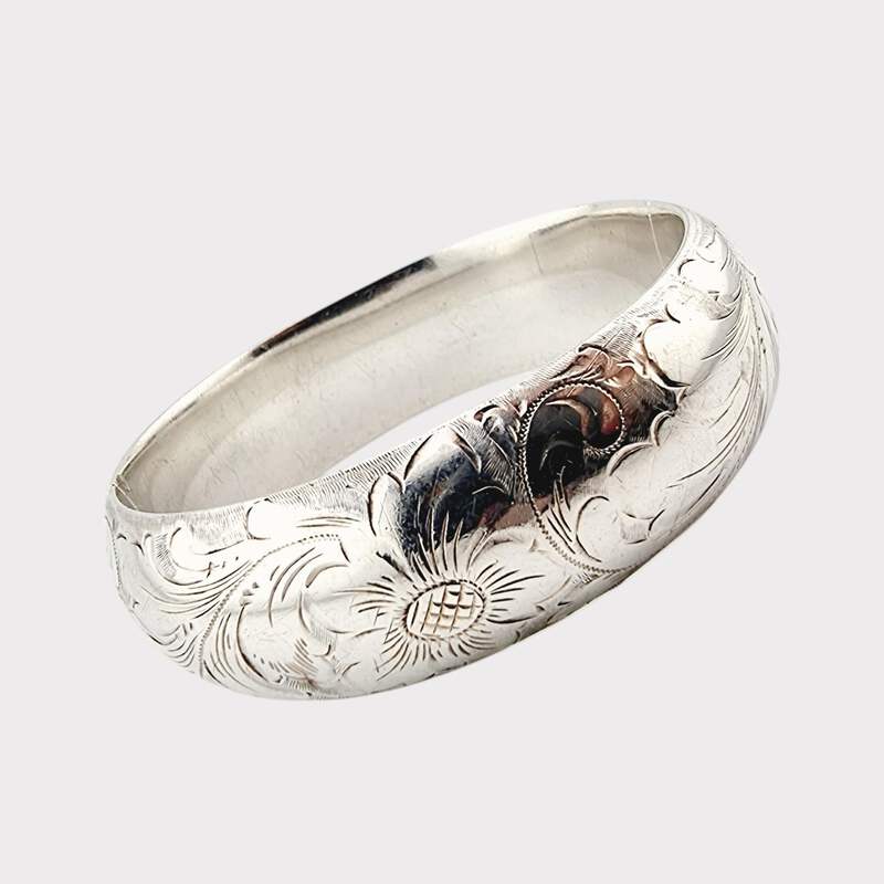 Vintage-graviertes Silberarmband mit Blumenmotiv, handgefertigt, 18 cm