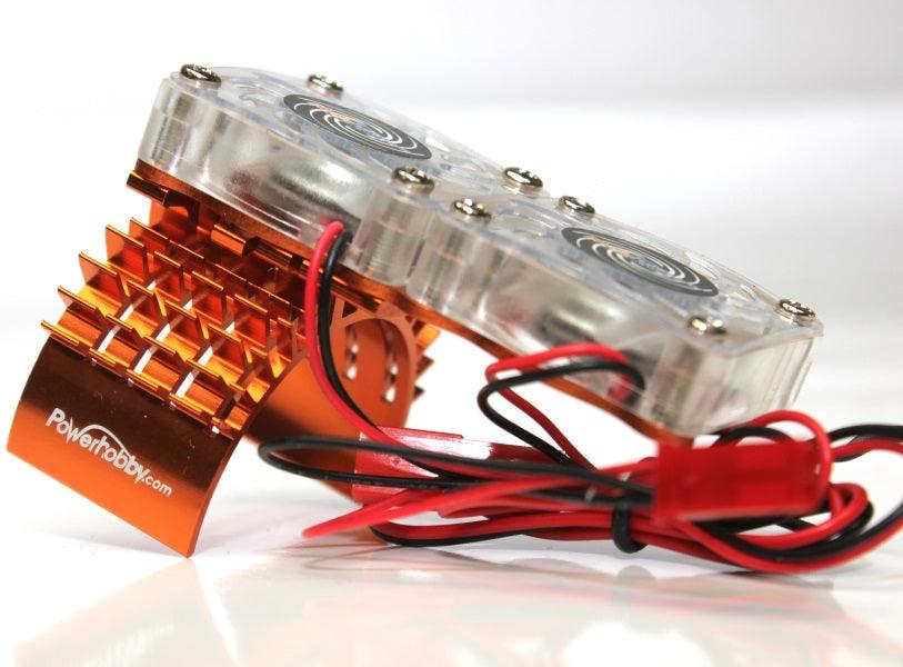 Aluminum Motor Heatsink Twin Dual Cooling Fan Orange FOR Traxxas