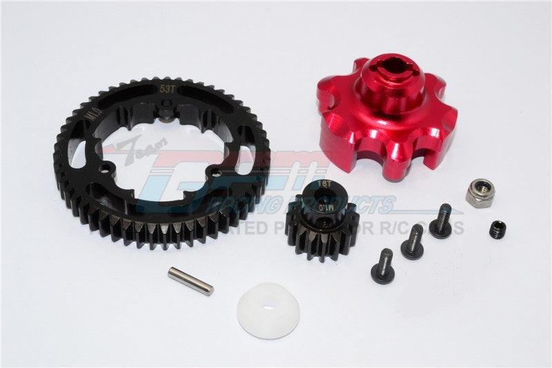 と GPM ALUMINUM ADAPTER STEEL SPUR GEAR 53T MOTOR GEAR 16T