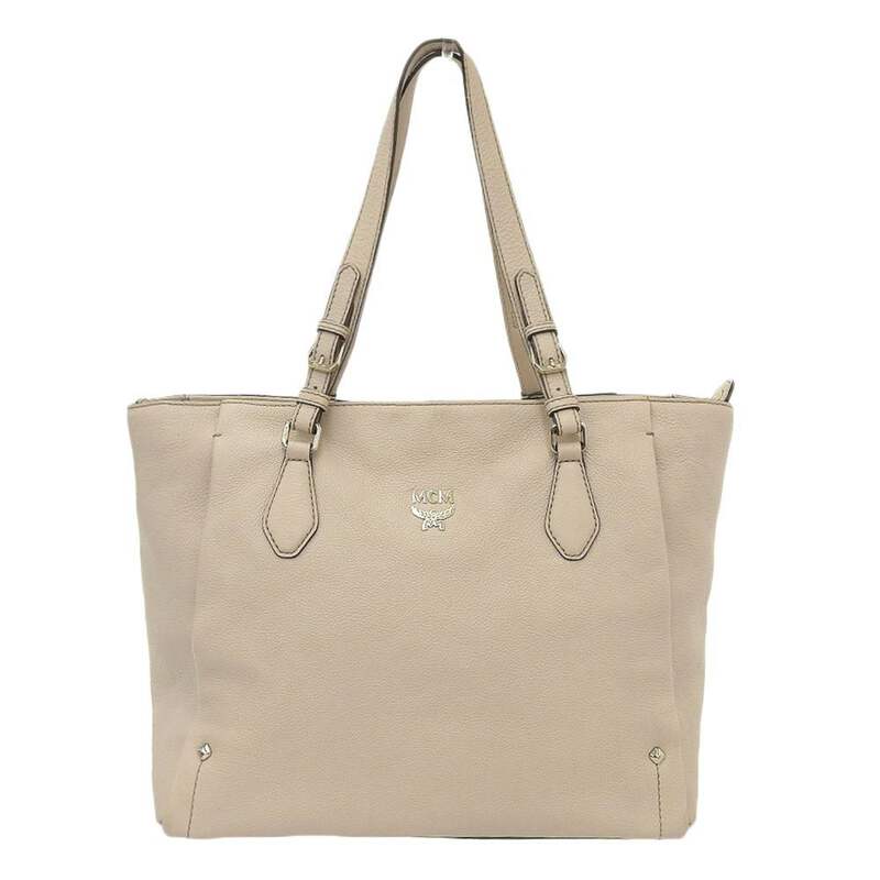 MCM Logo Tote Bag Shoulder Handbag Leather Light Beige E0486 eBay