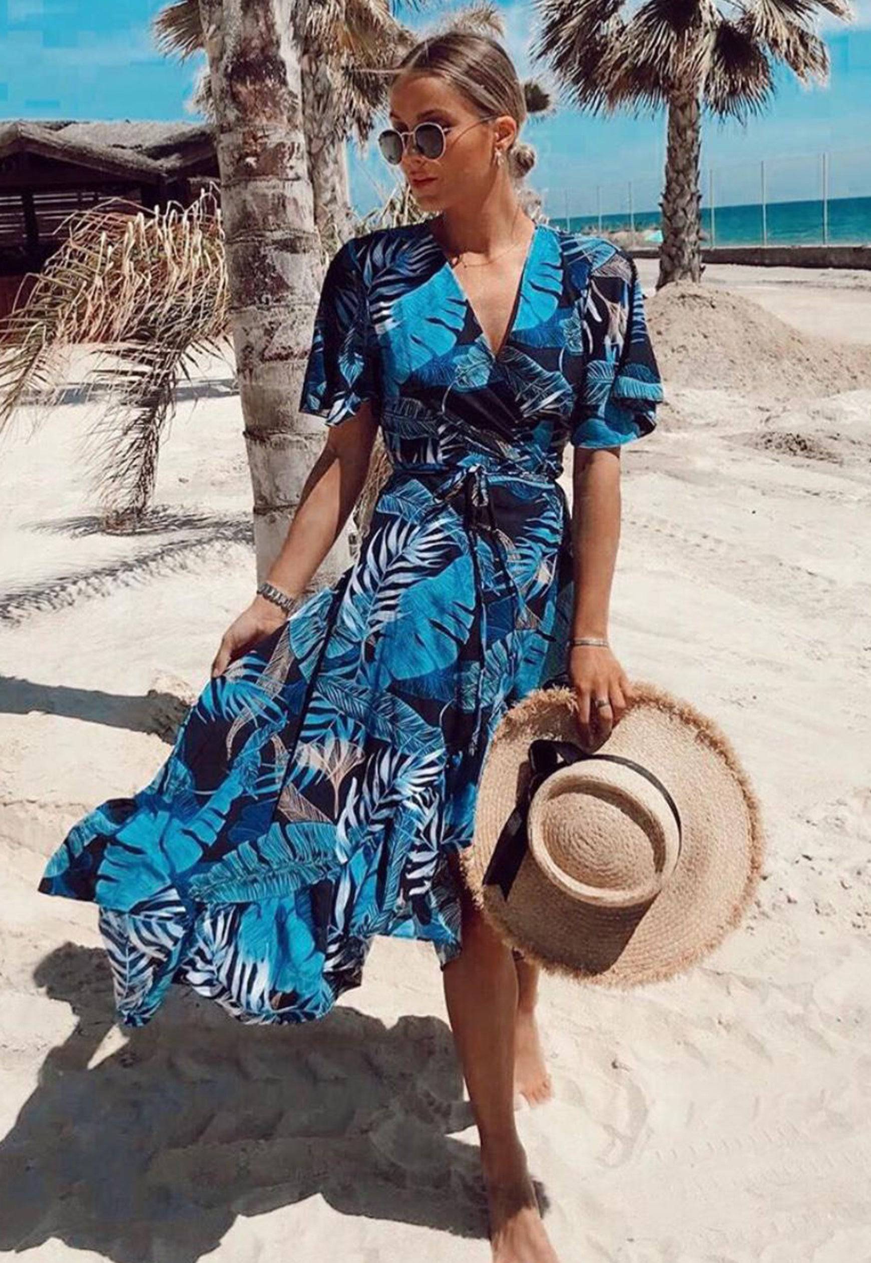 palm print wrap dress