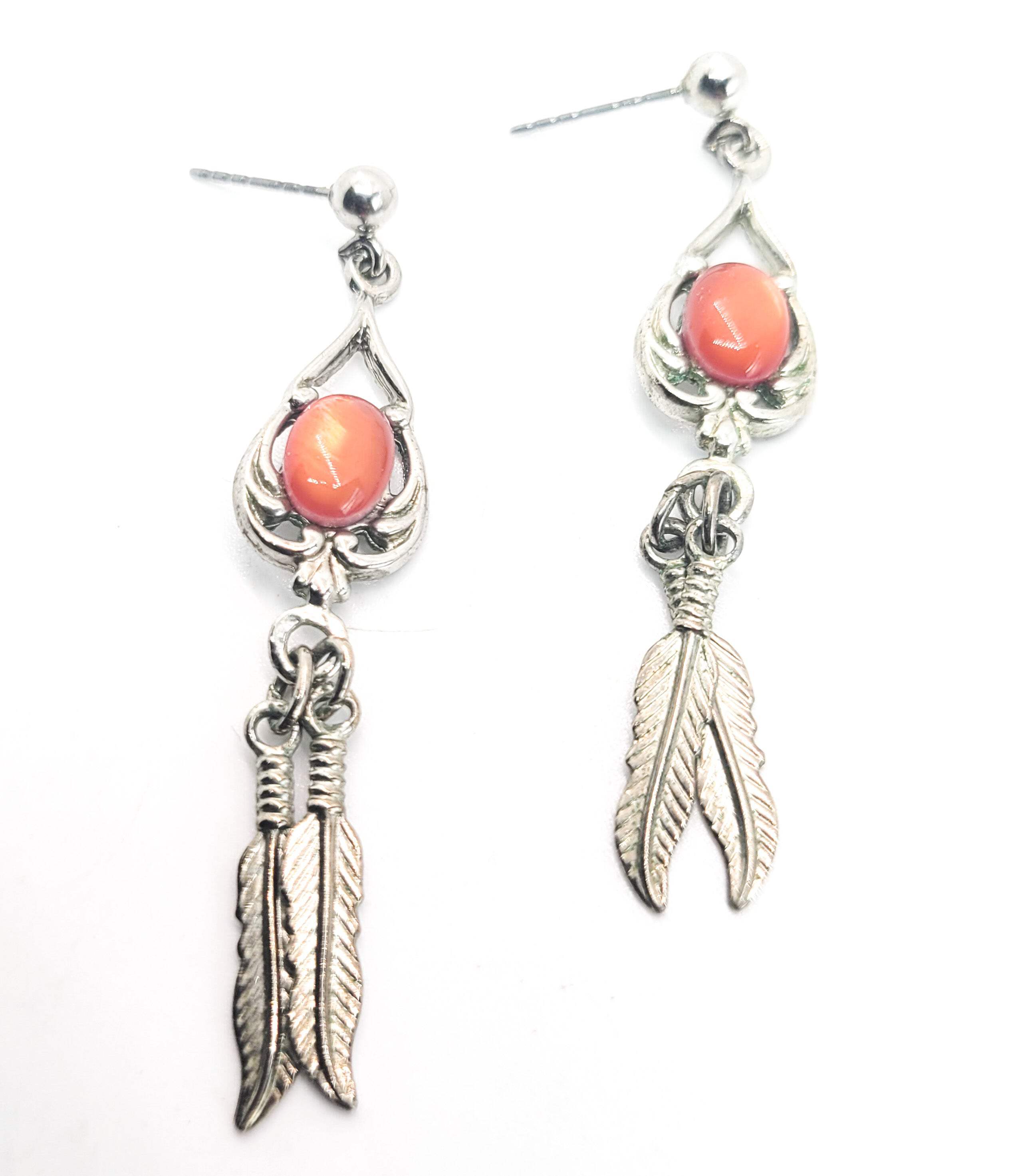 Spiny Oyster Southwestern style sterling silver long drop feather earrings main product image