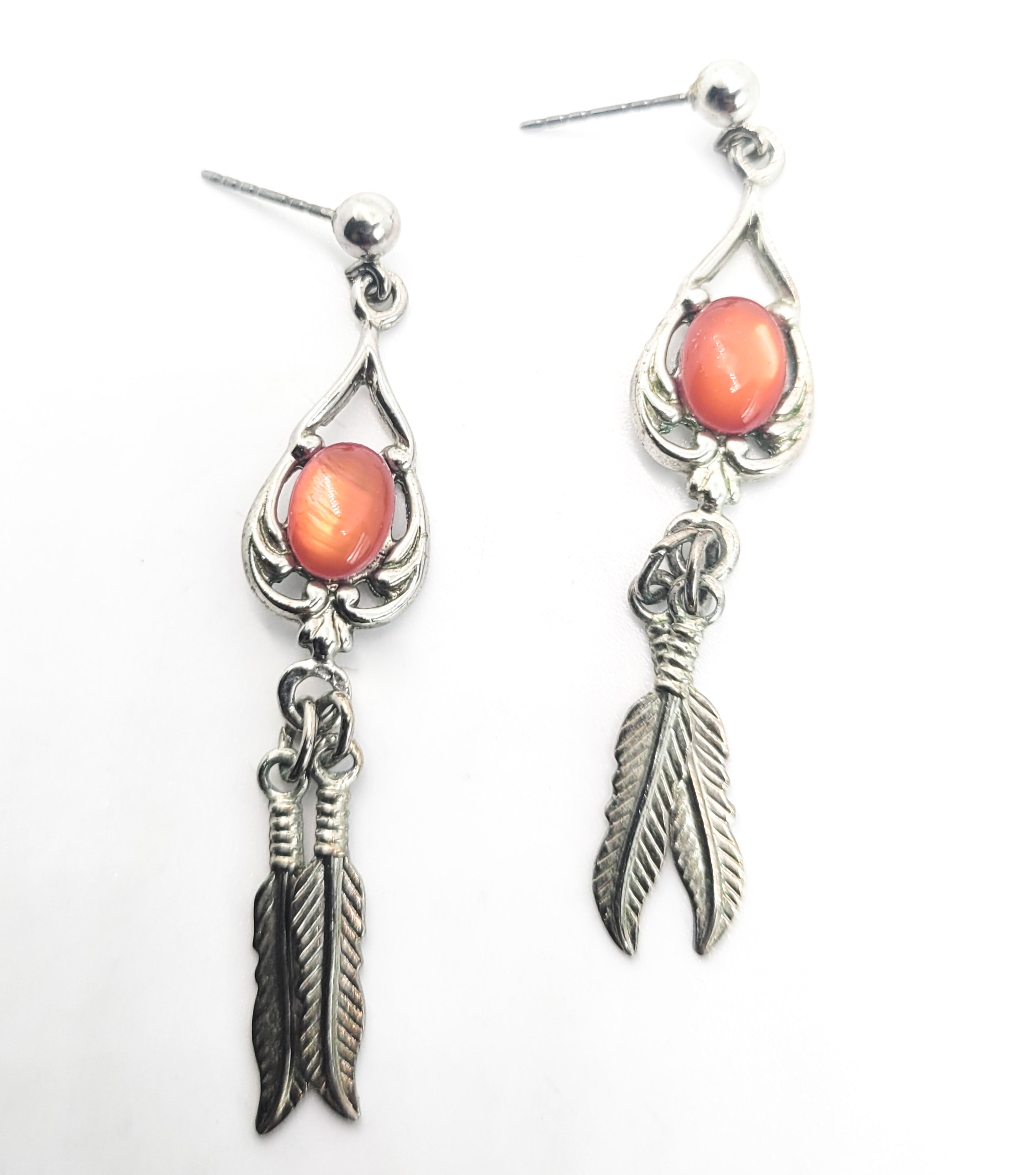 Spiny Oyster Southwestern style sterling silver long drop feather earrings product image view 2