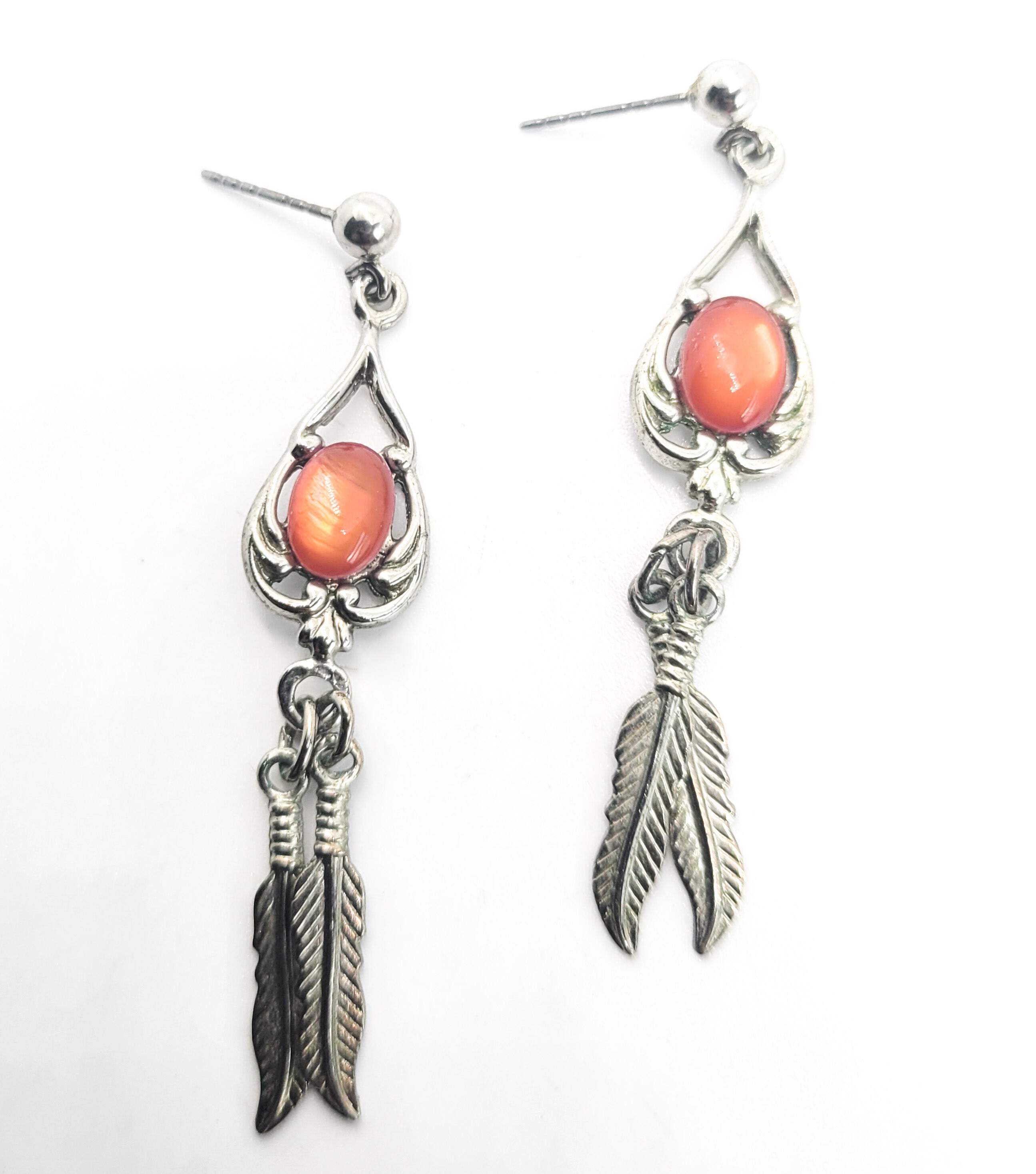 Spiny Oyster Southwestern style sterling silver long drop feather earrings detailed image 2