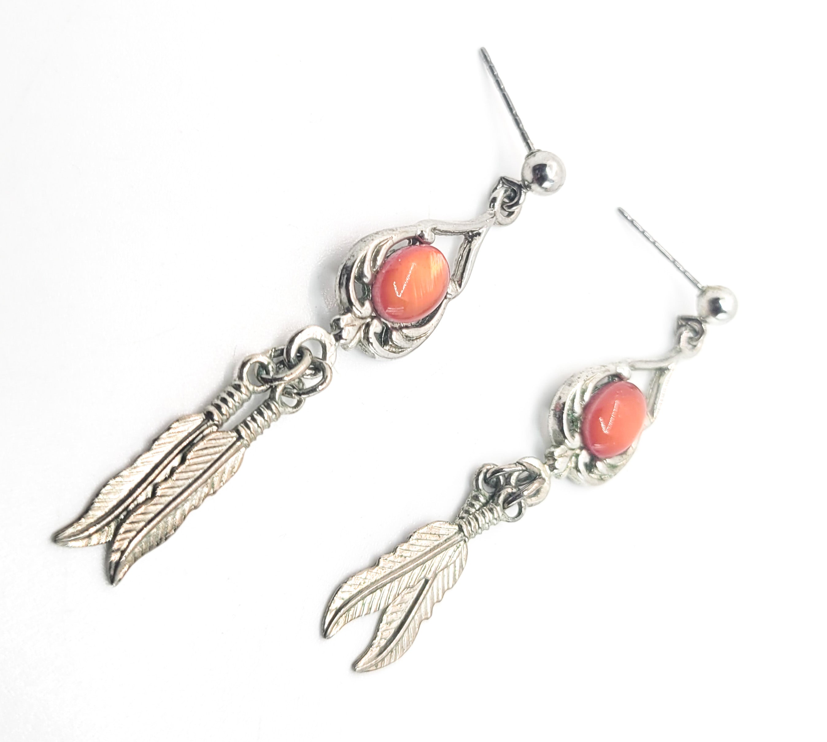 Spiny Oyster Southwestern style sterling silver long drop feather earrings product image view 3