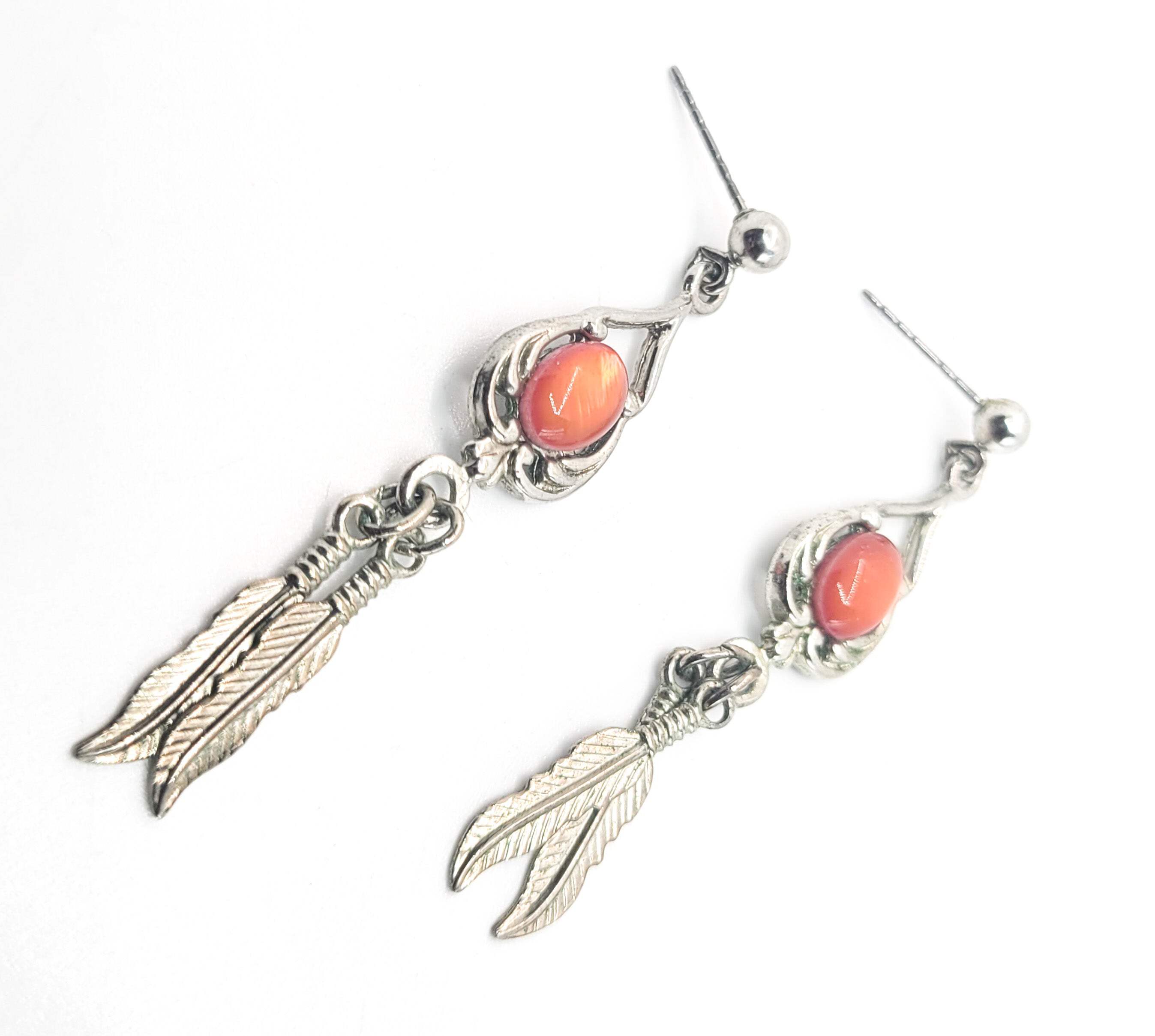 Spiny Oyster Southwestern style sterling silver long drop feather earrings detailed image 3